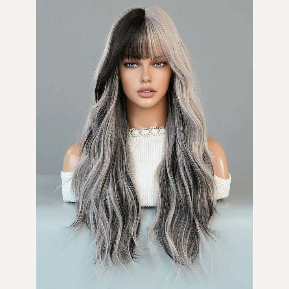 KIMLUD, NAMM Long Wave Wig With Silver Gray Gradient Women Popular Synthetic Wig for Daily Cosplay High Density Hair, KIMLUD Womens Clothes
