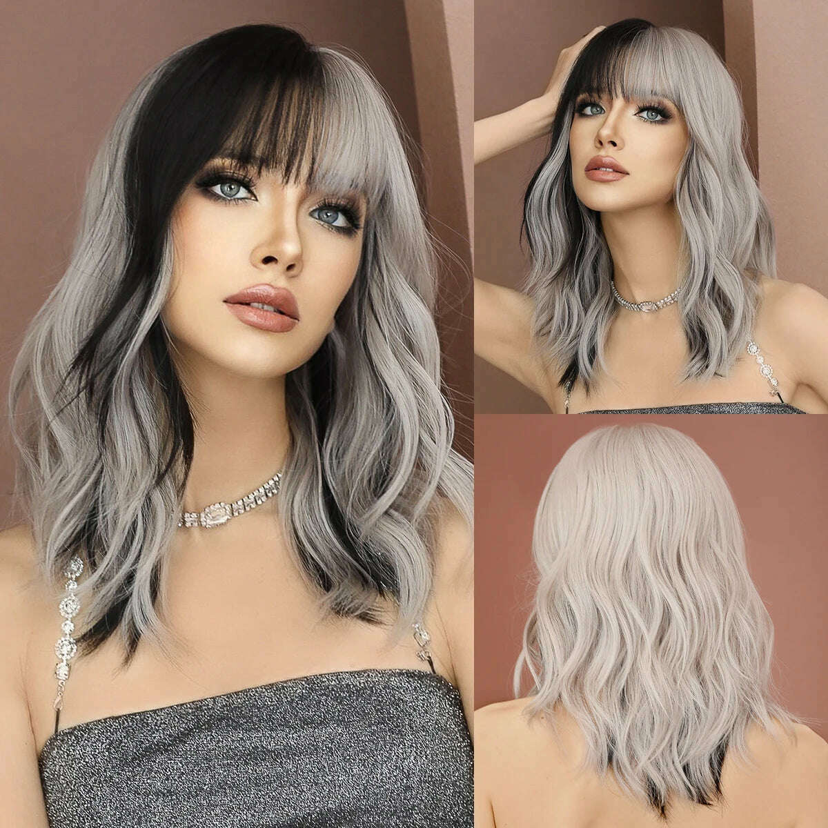 KIMLUD, NAMM Silver black Wavy Wig for Woman Daily Party Cosplay Middle Part Natural Synthetic Hair Wig Heat Resistant Fiber, KIMLUD Womens Clothes
