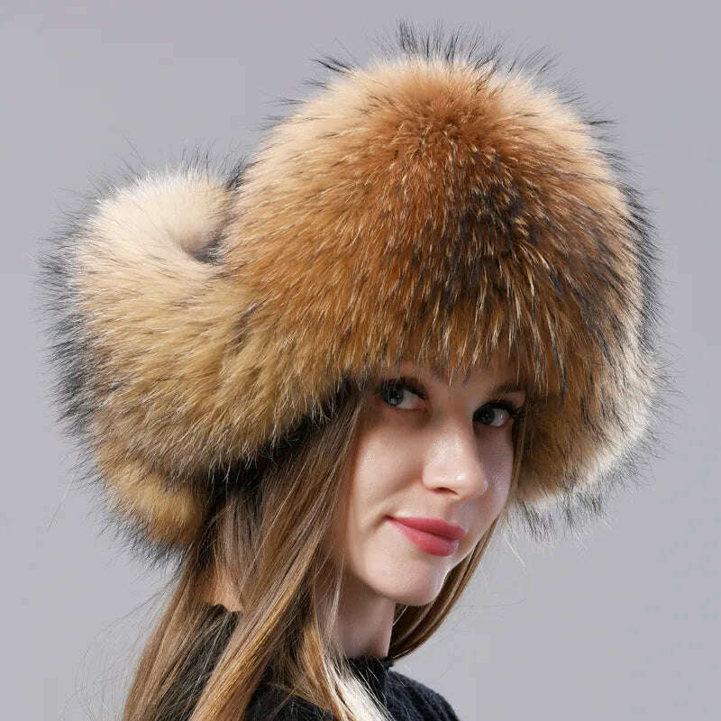 Natural Fox Fur Russian Aviation Hat with Ears Ushanka Women Winter Warm Fluffy Stylish Female Tail Cap Fashion Real Fur Hats - KIMLUD