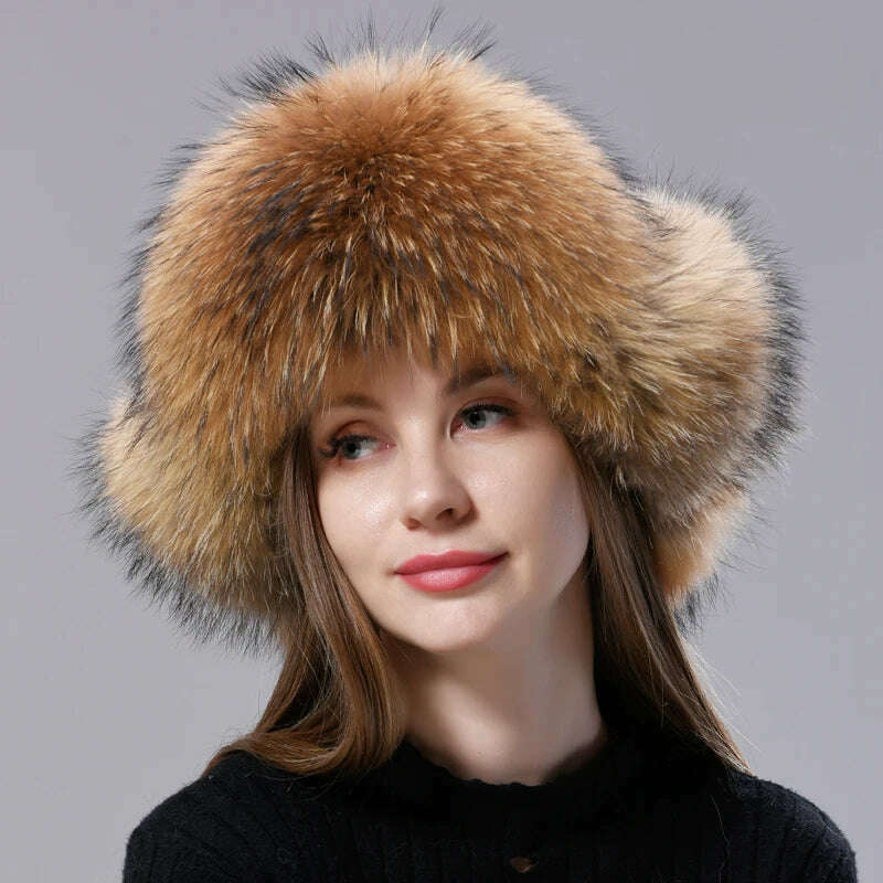 KIMLUD, Natural Fox Fur Russian Aviation Hat with Ears Ushanka Women Winter Warm Fluffy Stylish Female Tail Cap Fashion Real Fur Hats, KIMLUD Women's Clothes
