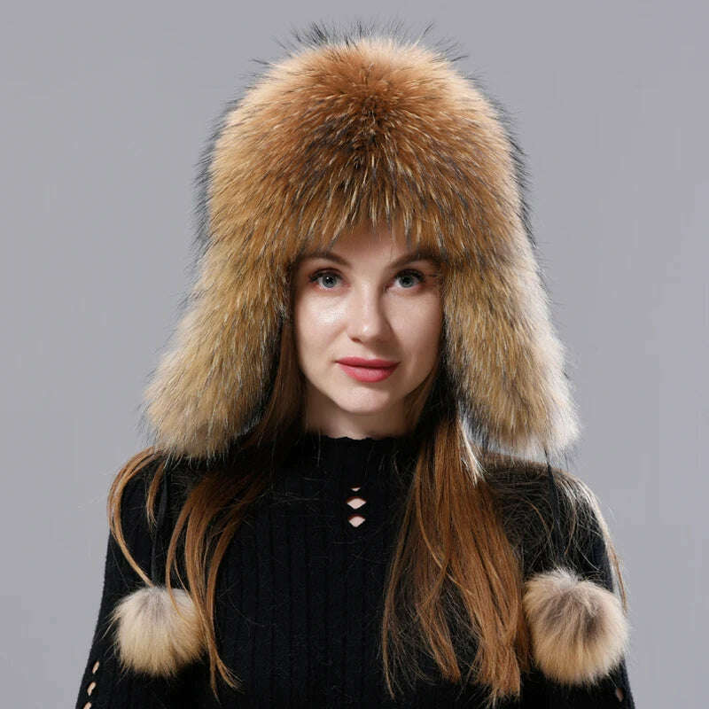 KIMLUD, Natural Fox Fur Russian Aviation Hat with Ears Ushanka Women Winter Warm Fluffy Stylish Female Tail Cap Fashion Real Fur Hats, KIMLUD Womens Clothes