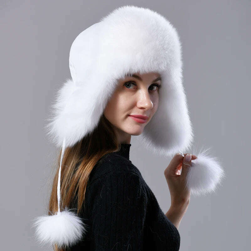 KIMLUD, Natural Fox Fur Russian Aviation Hat with Ears Ushanka Women Winter Warm Fluffy Stylish Female Tail Cap Fashion Real Fur Hats, KIMLUD Women's Clothes