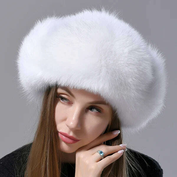 KIMLUD, Natural Fox Fur Russian Aviation Hat with Ears Ushanka Women Winter Warm Fluffy Stylish Female Tail Cap Fashion Real Fur Hats, WHITE / One Size, KIMLUD Women's Clothes