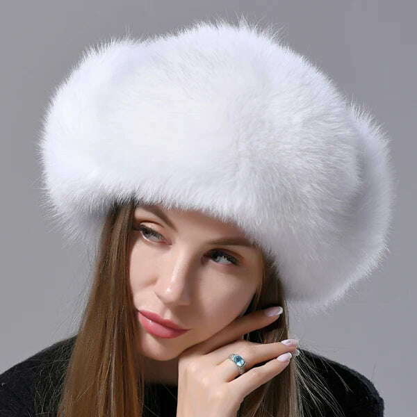 Natural Fox Fur Russian Aviation Hat with Ears Ushanka Women Winter Warm Fluffy Stylish Female Tail Cap Fashion Real Fur Hats - KIMLUD