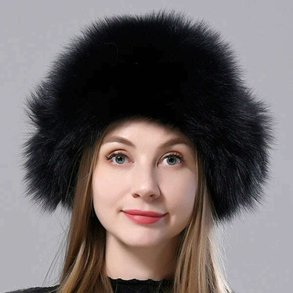 KIMLUD, Natural Fox Fur Russian Aviation Hat with Ears Ushanka Women Winter Warm Fluffy Stylish Female Tail Cap Fashion Real Fur Hats, black / One Size, KIMLUD Women's Clothes