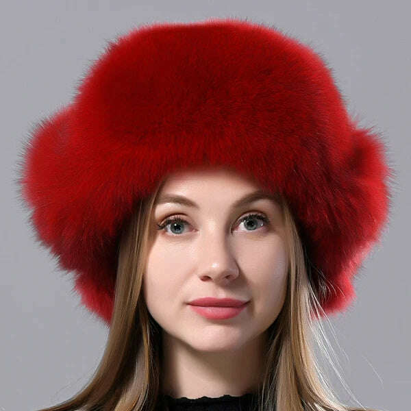 KIMLUD, Natural Fox Fur Russian Aviation Hat with Ears Ushanka Women Winter Warm Fluffy Stylish Female Tail Cap Fashion Real Fur Hats, Red / One Size, KIMLUD Women's Clothes