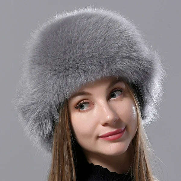 KIMLUD, Natural Fox Fur Russian Aviation Hat with Ears Ushanka Women Winter Warm Fluffy Stylish Female Tail Cap Fashion Real Fur Hats, Grey / One Size, KIMLUD Women's Clothes