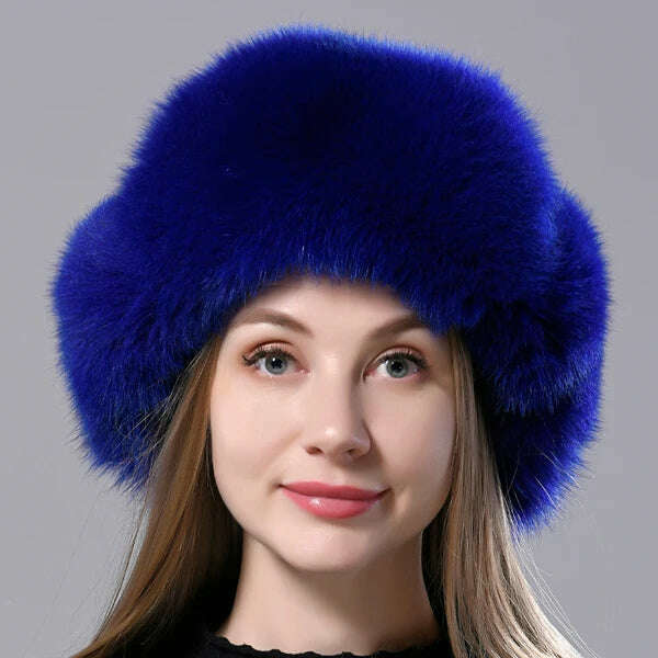 KIMLUD, Natural Fox Fur Russian Aviation Hat with Ears Ushanka Women Winter Warm Fluffy Stylish Female Tail Cap Fashion Real Fur Hats, Blue / One Size, KIMLUD Women's Clothes