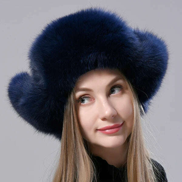 KIMLUD, Natural Fox Fur Russian Aviation Hat with Ears Ushanka Women Winter Warm Fluffy Stylish Female Tail Cap Fashion Real Fur Hats, Navy / One Size, KIMLUD Women's Clothes