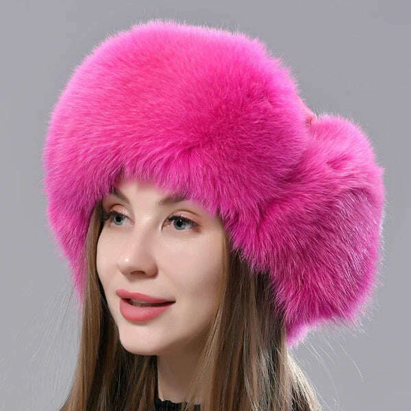 KIMLUD, Natural Fox Fur Russian Aviation Hat with Ears Ushanka Women Winter Warm Fluffy Stylish Female Tail Cap Fashion Real Fur Hats, Pink / One Size, KIMLUD Women's Clothes