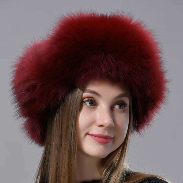 KIMLUD, Natural Fox Fur Russian Aviation Hat with Ears Ushanka Women Winter Warm Fluffy Stylish Female Tail Cap Fashion Real Fur Hats, Wine / One Size, KIMLUD Women's Clothes