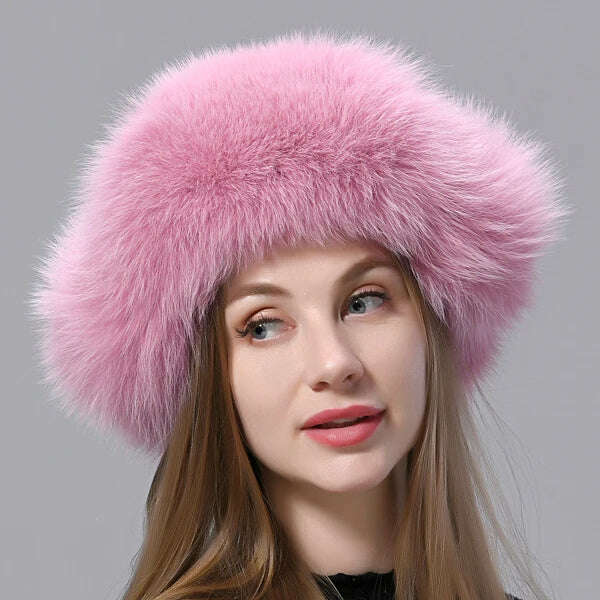 KIMLUD, Natural Fox Fur Russian Aviation Hat with Ears Ushanka Women Winter Warm Fluffy Stylish Female Tail Cap Fashion Real Fur Hats, Skin Pink / One Size, KIMLUD Women's Clothes
