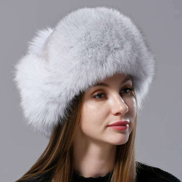 KIMLUD, Natural Fox Fur Russian Aviation Hat with Ears Ushanka Women Winter Warm Fluffy Stylish Female Tail Cap Fashion Real Fur Hats, Silver Fox / One Size, KIMLUD Women's Clothes