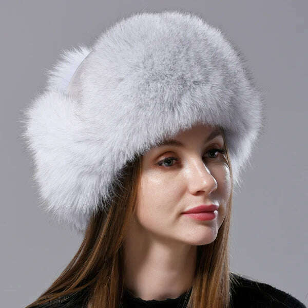Natural Fox Fur Russian Aviation Hat with Ears Ushanka Women Winter Warm Fluffy Stylish Female Tail Cap Fashion Real Fur Hats - KIMLUD