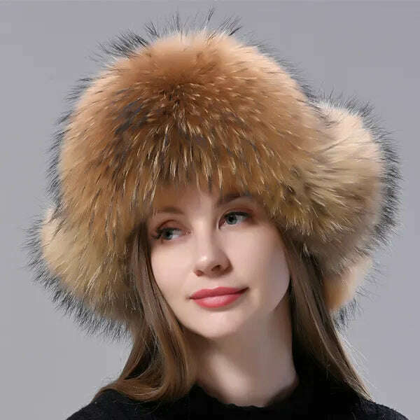 KIMLUD, Natural Fox Fur Russian Aviation Hat with Ears Ushanka Women Winter Warm Fluffy Stylish Female Tail Cap Fashion Real Fur Hats, Color 01 / One Size, KIMLUD Women's Clothes