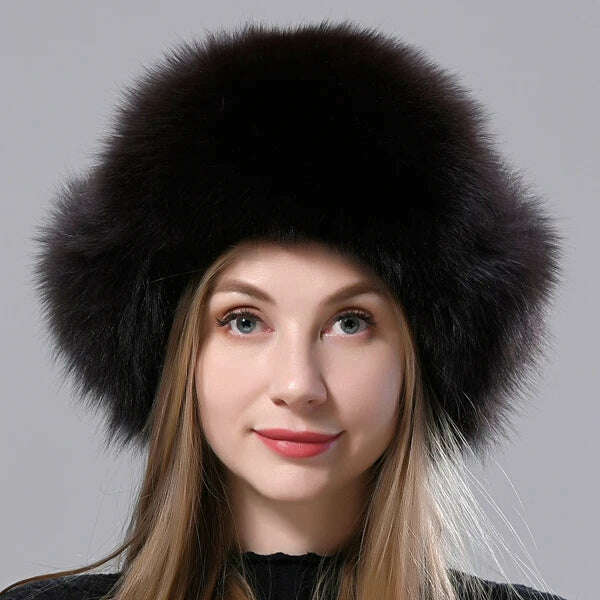KIMLUD, Natural Fox Fur Russian Aviation Hat with Ears Ushanka Women Winter Warm Fluffy Stylish Female Tail Cap Fashion Real Fur Hats, Dark Brown / One Size, KIMLUD Women's Clothes