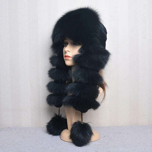 KIMLUD, Natural Fox Fur Russian Hat Ushanka Women Winter Warm Fluffy Popular Style Female Tail Cap Fashion Real Fur Hats, black / Adjustable(55-60cm), KIMLUD Women's Clothes