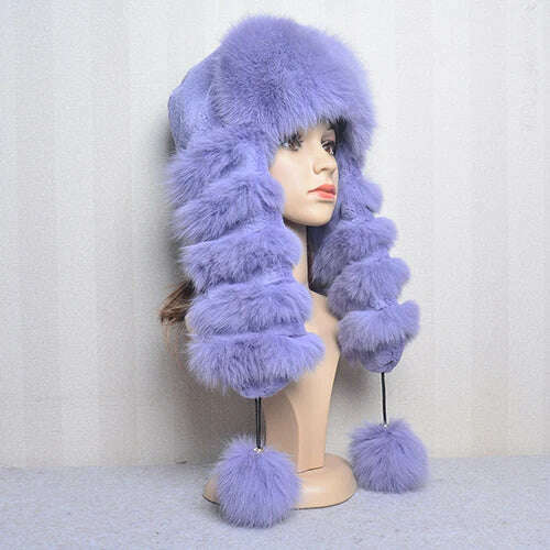 KIMLUD, Natural Fox Fur Russian Hat Ushanka Women Winter Warm Fluffy Popular Style Female Tail Cap Fashion Real Fur Hats, blue / Adjustable(55-60cm), KIMLUD Womens Clothes