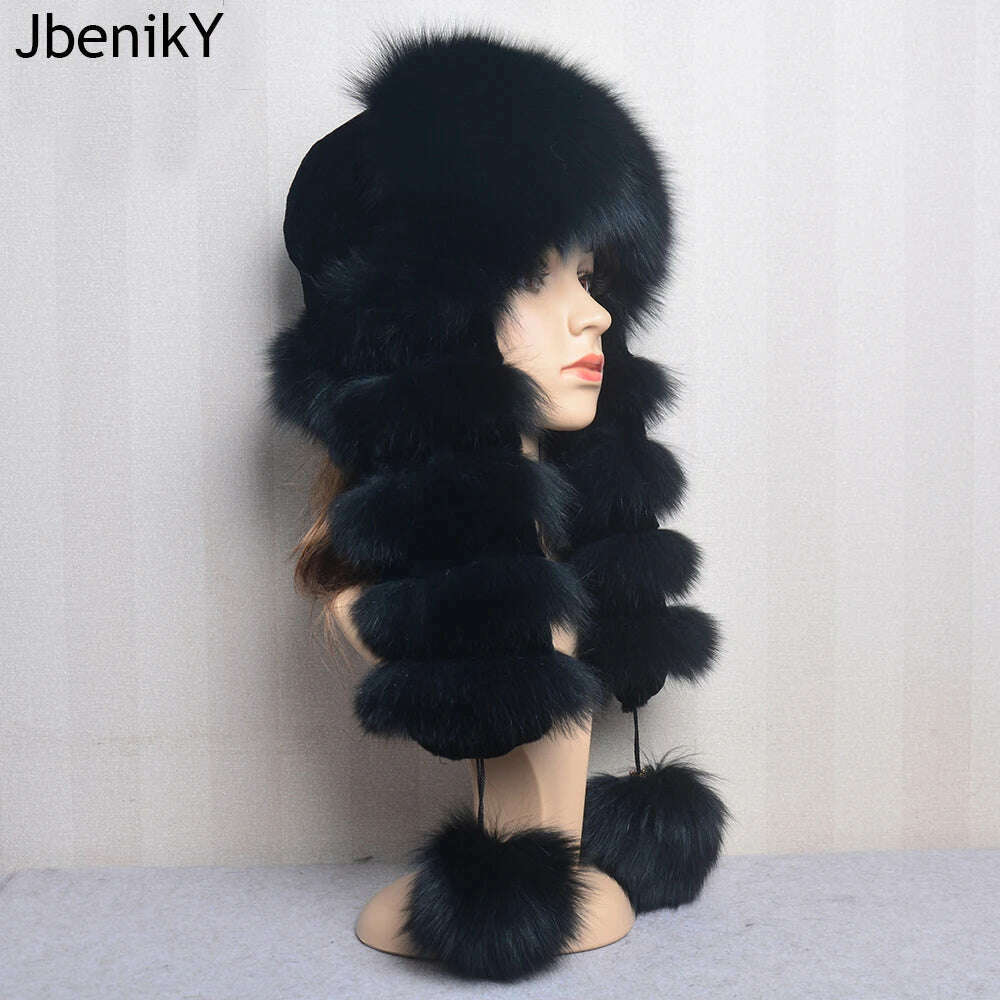 KIMLUD, Natural Fox Fur Russian Hat Ushanka Women Winter Warm Fluffy Popular Style Female Tail Cap Fashion Real Fur Hats, KIMLUD Womens Clothes