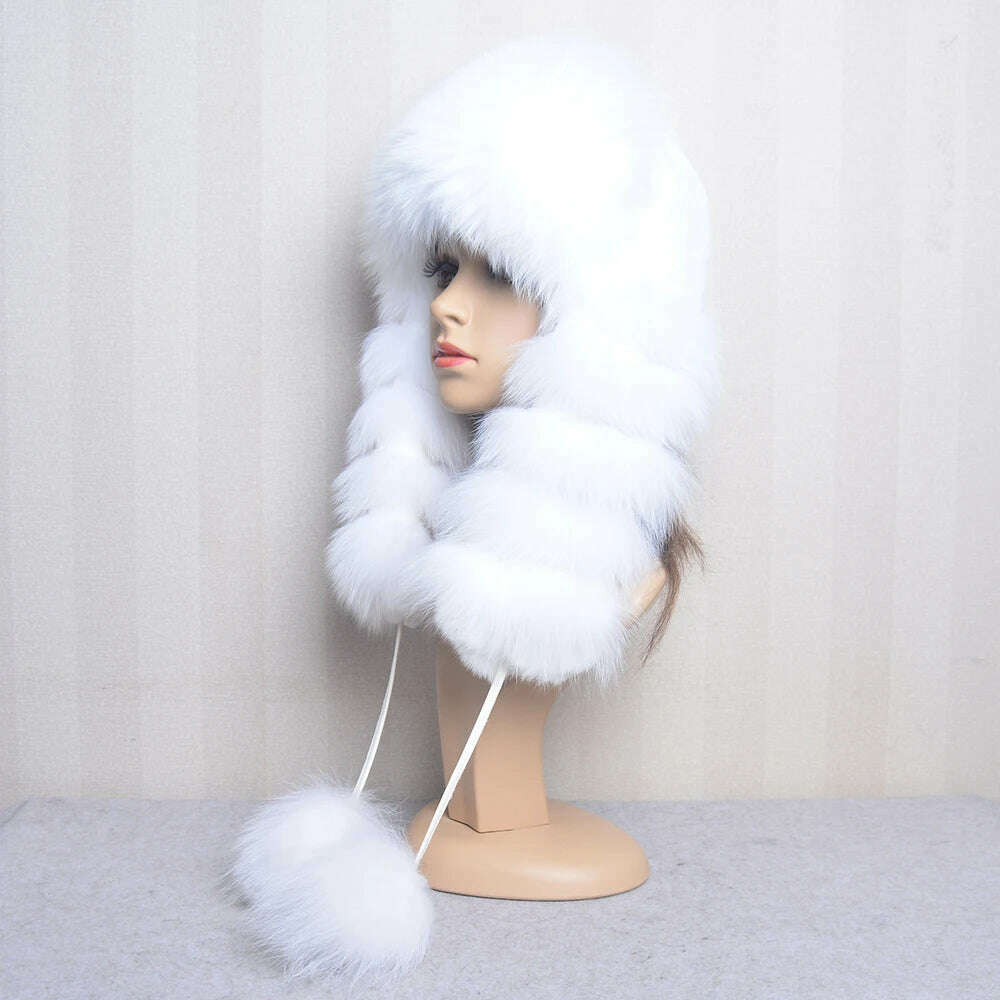 Natural Fox Fur Russian Hat Ushanka Women Winter Warm Fluffy Popular Style Female Tail Cap Fashion Real Fur Hats - KIMLUD