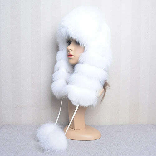 KIMLUD, Natural Fox Fur Russian Hat Ushanka Women Winter Warm Fluffy Popular Style Female Tail Cap Fashion Real Fur Hats, white / Adjustable(55-60cm), KIMLUD Womens Clothes