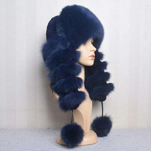 KIMLUD, Natural Fox Fur Russian Hat Ushanka Women Winter Warm Fluffy Popular Style Female Tail Cap Fashion Real Fur Hats, dark blue / Adjustable(55-60cm), KIMLUD Womens Clothes