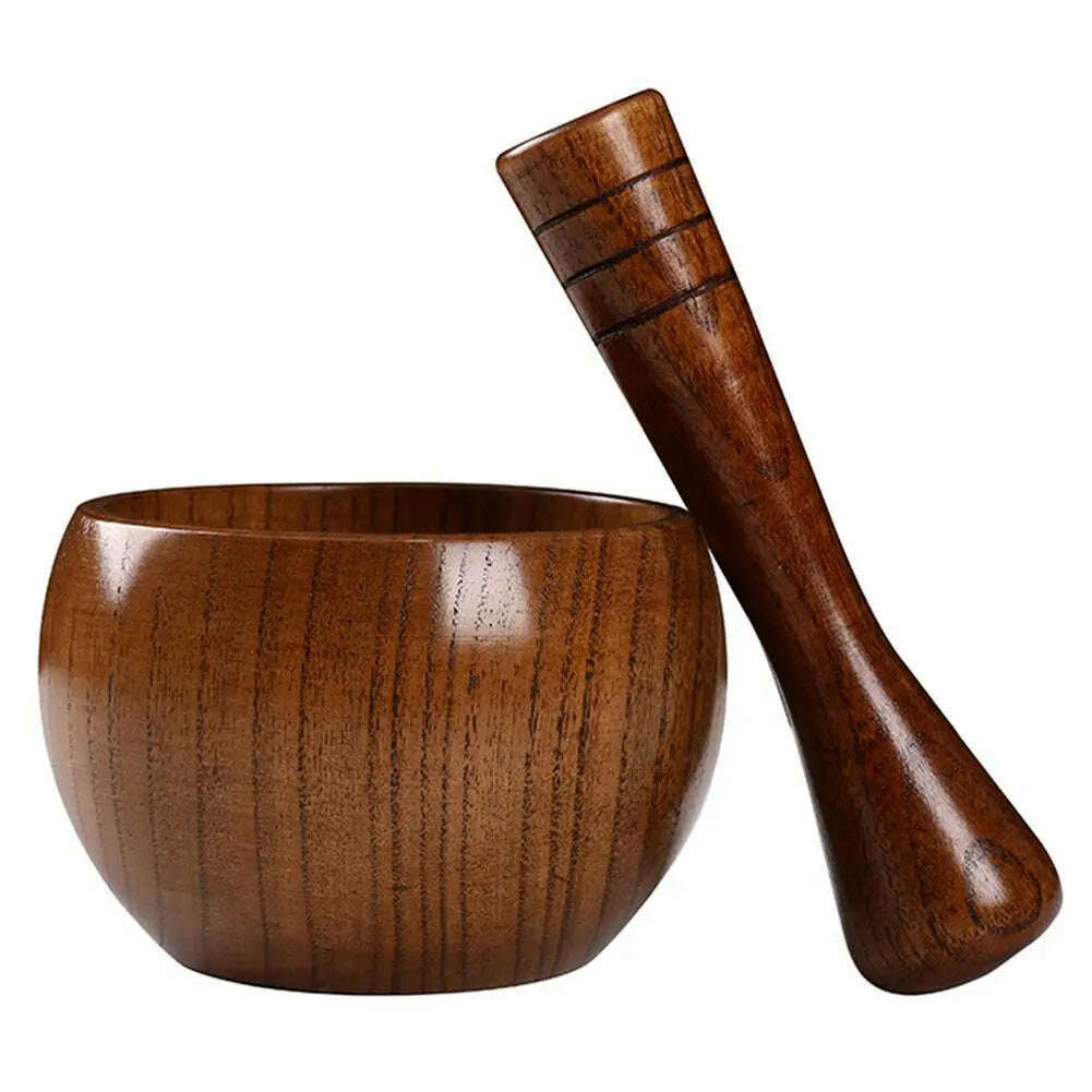 KIMLUD, Natural Handcrafted Bamboo Bowl Flat-Bottomed Can And Garlic Stick Pounded Garlic Jar Round Pounding Garlic Mortar Wooden Grinde, KIMLUD Women's Clothes