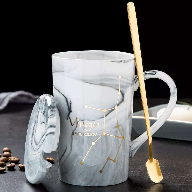 Natural Marble 12 Constellation Ceramic Zodiac Mug with lid Coffee Mugs Creative Personality Cup 400ml Lead-free, KIMLUD Women's Clothes