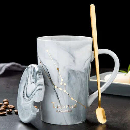 KIMLUD, Natural Marble 12 Constellation Ceramic Zodiac Mug with lid Coffee Mugs Creative Personality Cup 400ml Lead-free, Taurus / 400ML, KIMLUD APPAREL - Womens Clothes