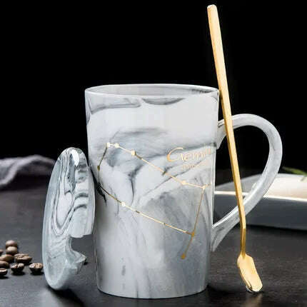 KIMLUD, Natural Marble 12 Constellation Ceramic Zodiac Mug with lid Coffee Mugs Creative Personality Cup 400ml Lead-free, Gemini / 400ML, KIMLUD APPAREL - Womens Clothes