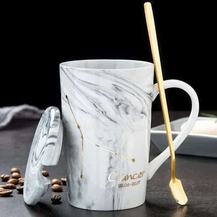 Natural Marble 12 Constellation Ceramic Zodiac Mug with lid Coffee Mugs Creative Personality Cup 400ml Lead-free, Cancer / 400ML, KIMLUD Women's Clothes