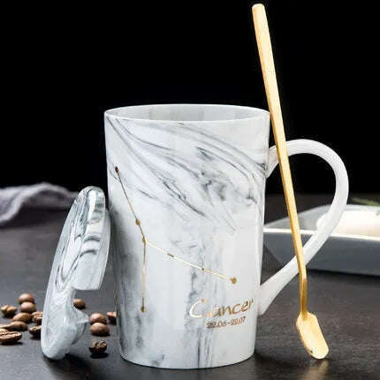 KIMLUD, Natural Marble 12 Constellation Ceramic Zodiac Mug with lid Coffee Mugs Creative Personality Cup 400ml Lead-free, Cancer / 400ML, KIMLUD APPAREL - Womens Clothes