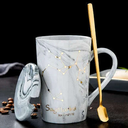 KIMLUD, Natural Marble 12 Constellation Ceramic Zodiac Mug with lid Coffee Mugs Creative Personality Cup 400ml Lead-free, Sagittarius / 400ML, KIMLUD APPAREL - Womens Clothes