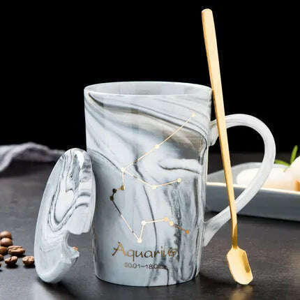 Natural Marble 12 Constellation Ceramic Zodiac Mug with lid Coffee Mugs Creative Personality Cup 400ml Lead-free, Aquarius / 400ML, KIMLUD Women's Clothes