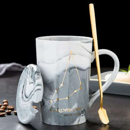 Natural Marble 12 Constellation Ceramic Zodiac Mug with lid Coffee Mugs Creative Personality Cup 400ml Lead-free, Capricorn / 400ML, KIMLUD Women's Clothes