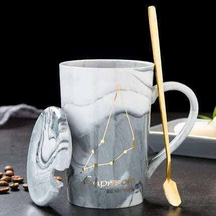 KIMLUD, Natural Marble 12 Constellation Ceramic Zodiac Mug with lid Coffee Mugs Creative Personality Cup 400ml Lead-free, Capricorn / 400ML, KIMLUD APPAREL - Womens Clothes