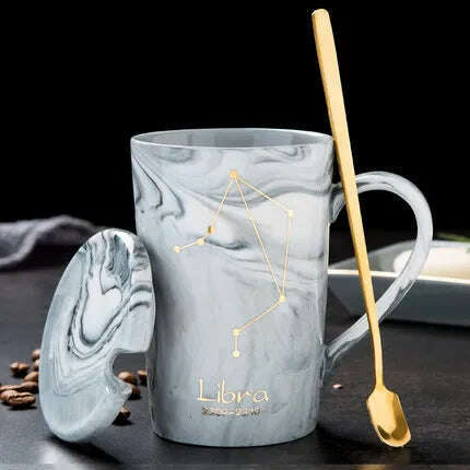 Natural Marble 12 Constellation Ceramic Zodiac Mug with lid Coffee Mugs Creative Personality Cup 400ml Lead-free, Libra / 400ML, KIMLUD Women's Clothes