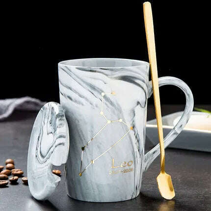 KIMLUD, Natural Marble 12 Constellation Ceramic Zodiac Mug with lid Coffee Mugs Creative Personality Cup 400ml Lead-free, Leo / 400ML, KIMLUD APPAREL - Womens Clothes