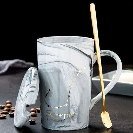 KIMLUD, Natural Marble 12 Constellation Ceramic Zodiac Mug with lid Coffee Mugs Creative Personality Cup 400ml Lead-free, Scorpio / 400ML, KIMLUD APPAREL - Womens Clothes