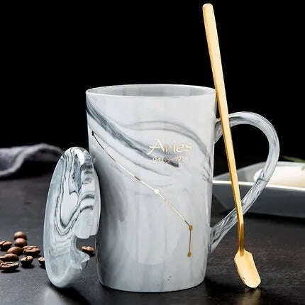 KIMLUD, Natural Marble 12 Constellation Ceramic Zodiac Mug with lid Coffee Mugs Creative Personality Cup 400ml Lead-free, Aries / 400ML, KIMLUD APPAREL - Womens Clothes