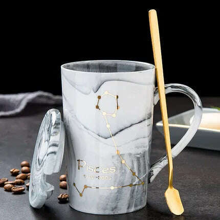 KIMLUD, Natural Marble 12 Constellation Ceramic Zodiac Mug with lid Coffee Mugs Creative Personality Cup 400ml Lead-free, Pisces / 400ML, KIMLUD Womens Clothes