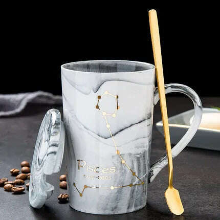 KIMLUD, Natural Marble 12 Constellation Ceramic Zodiac Mug with lid Coffee Mugs Creative Personality Cup 400ml Lead-free, Pisces / 400ML, KIMLUD APPAREL - Womens Clothes