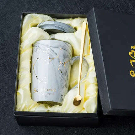 KIMLUD, Natural Marble 12 Constellation Ceramic Zodiac Mug with lid Coffee Mugs Creative Personality Cup 400ml Lead-free, Sagittarius Gift box / 400ML, KIMLUD APPAREL - Womens Clothes