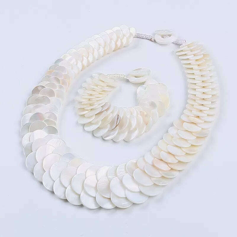 Natural multi color fish scale shell necklace bracelet fashion statement shell jewelry set - KIMLUD