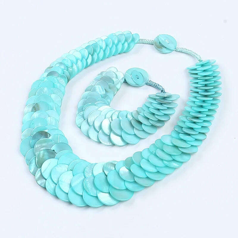Natural multi color fish scale shell necklace bracelet fashion statement shell jewelry set - KIMLUD