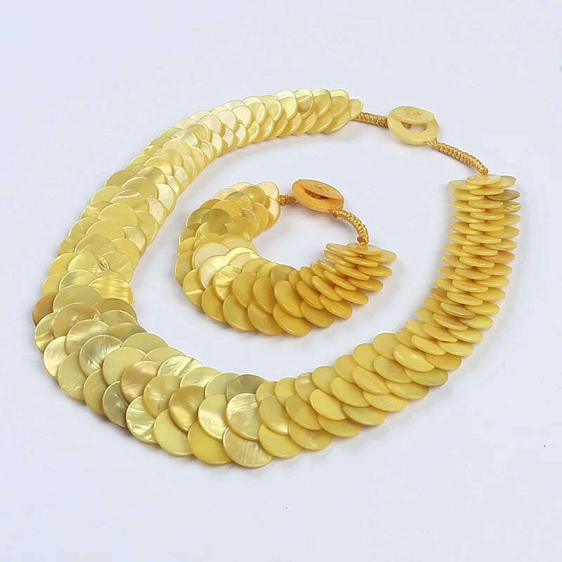 Natural multi color fish scale shell necklace bracelet fashion statement shell jewelry set - KIMLUD