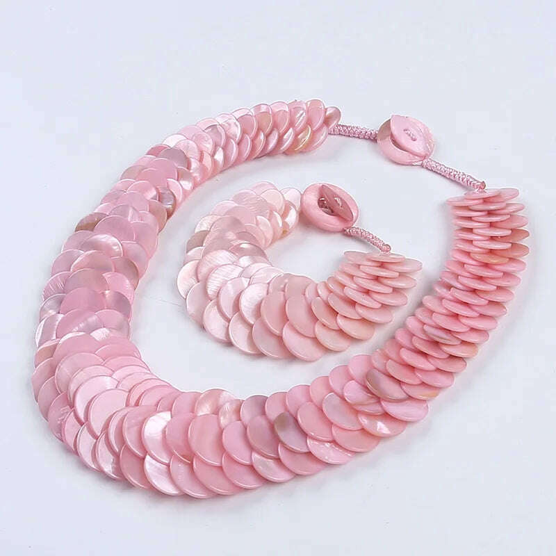 Natural multi color fish scale shell necklace bracelet fashion statement shell jewelry set - KIMLUD