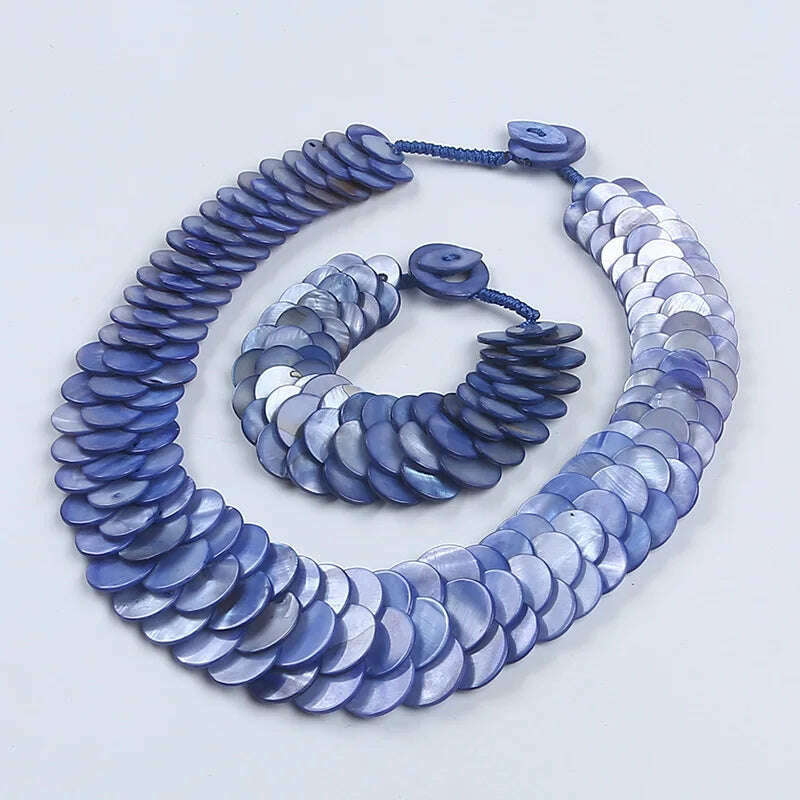 Natural multi color fish scale shell necklace bracelet fashion statement shell jewelry set - KIMLUD