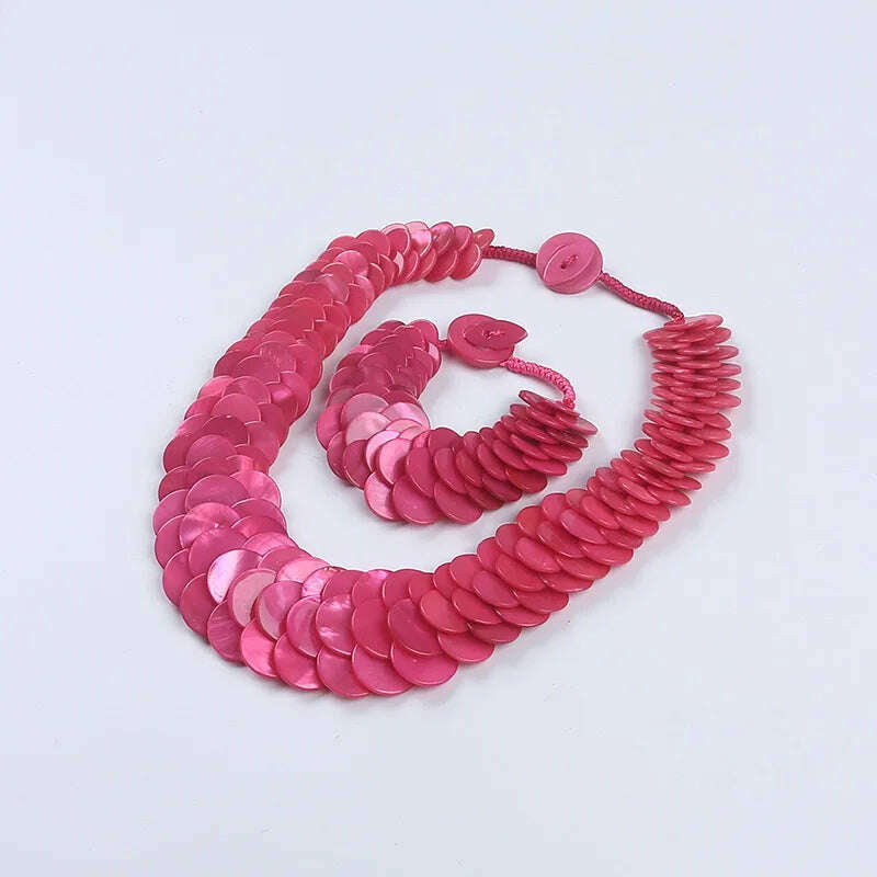 Natural multi color fish scale shell necklace bracelet fashion statement shell jewelry set - KIMLUD