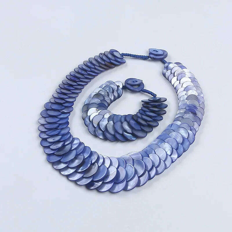 Natural multi color fish scale shell necklace bracelet fashion statement shell jewelry set - KIMLUD